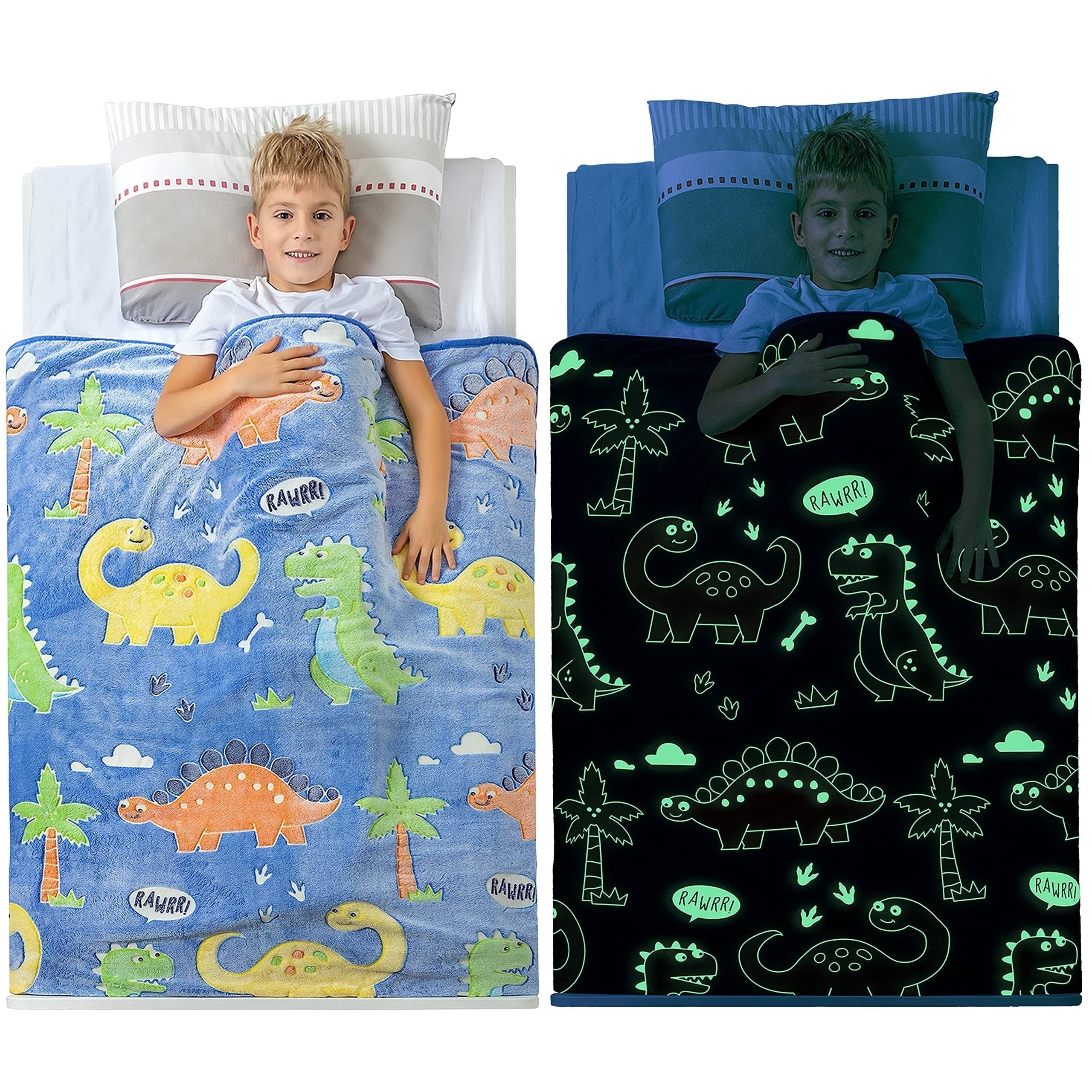 Kids' Glow-in-the-Dark Dinosaur Blanket with Cartoon Dinos and Palm Trees in 3 Sizes