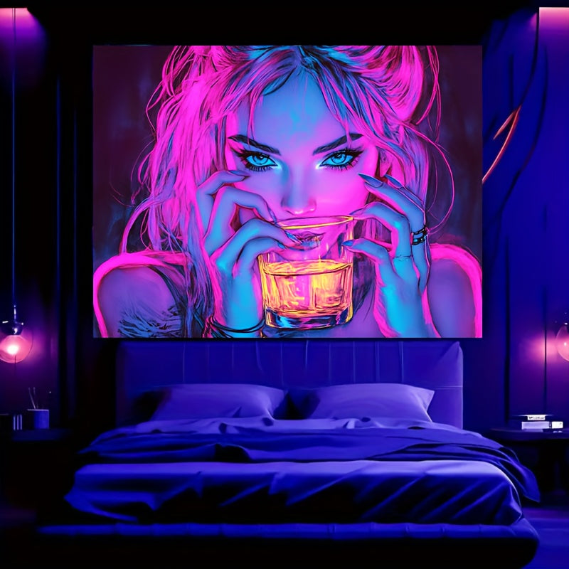 Neon Drinking Girl Fluorescent Tapestry Psychedelic Wall Art for Home and Bar Decor