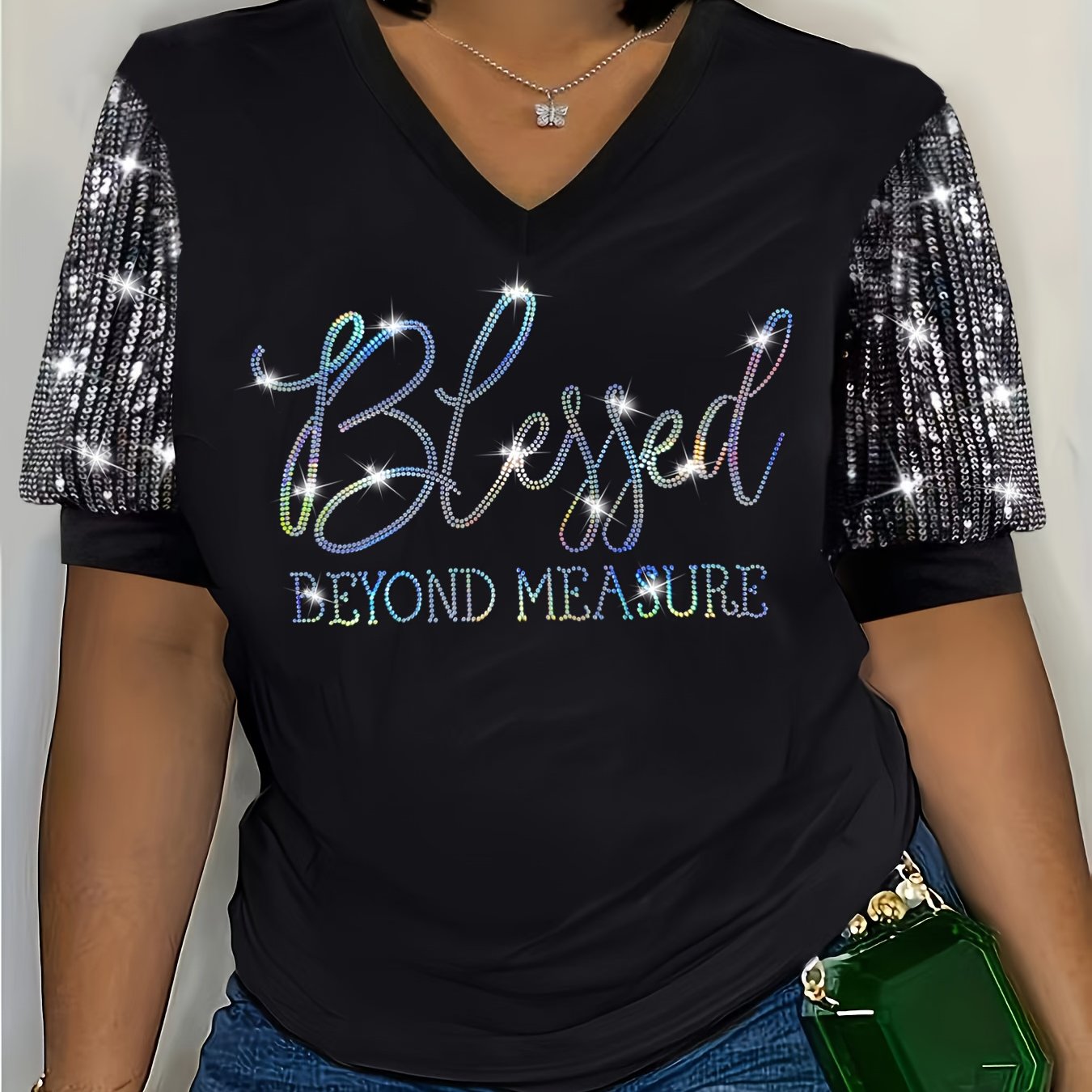Women's Plus Size V-Neck T-Shirt Short Sleeve Sequin Lettering Casual