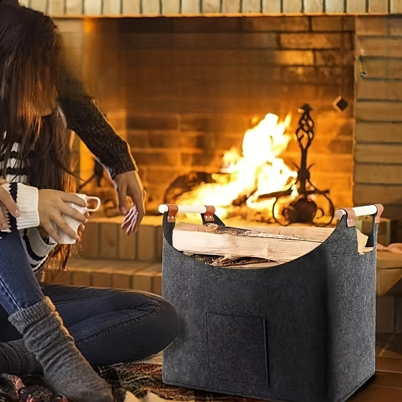 Large Felt Firewood Basket with Extendable Wooden Handle and Side Pocket