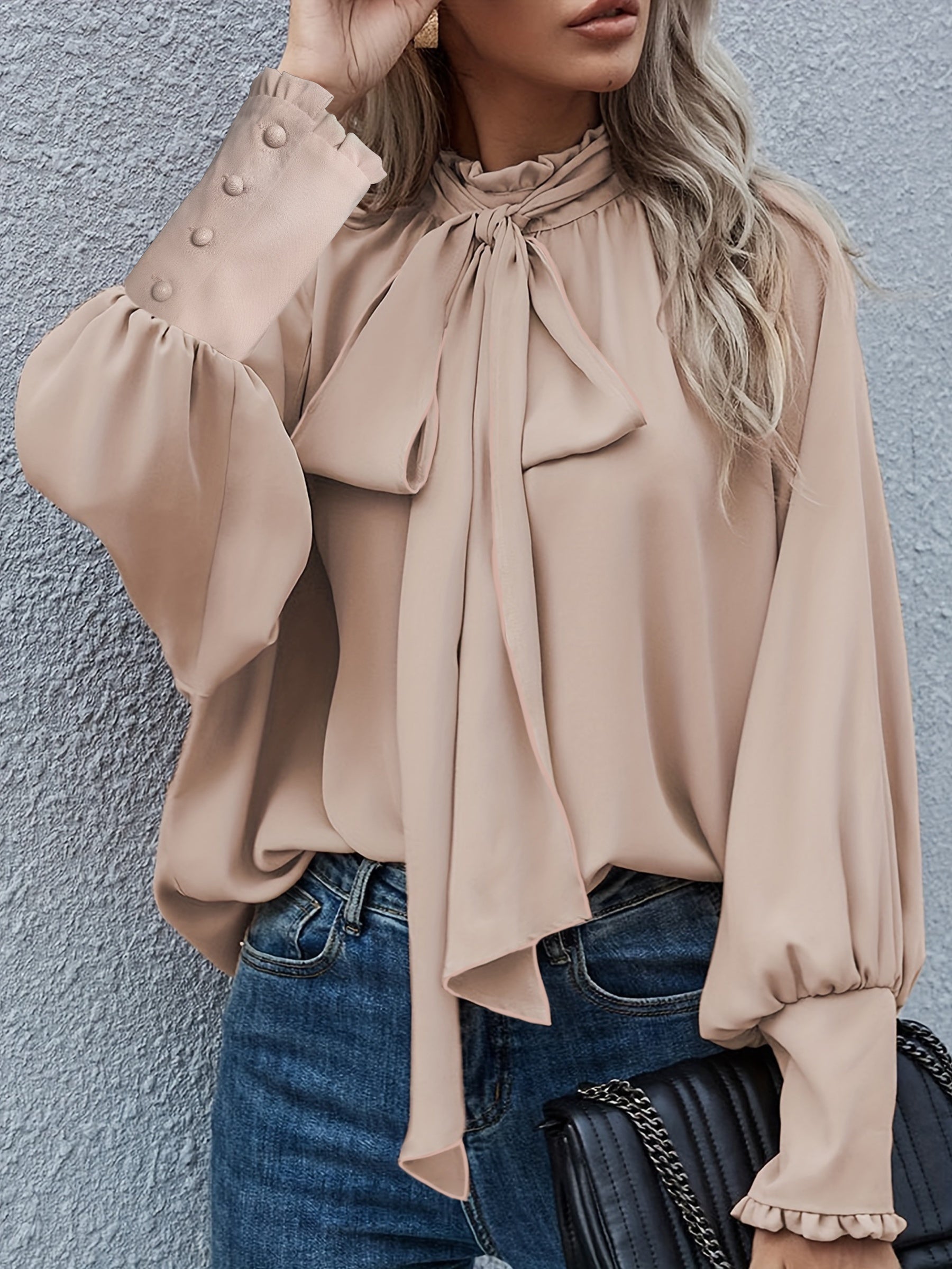 Women's Plus Size Tie Neck Blouse Long Sleeve Spring Fall Solid Color