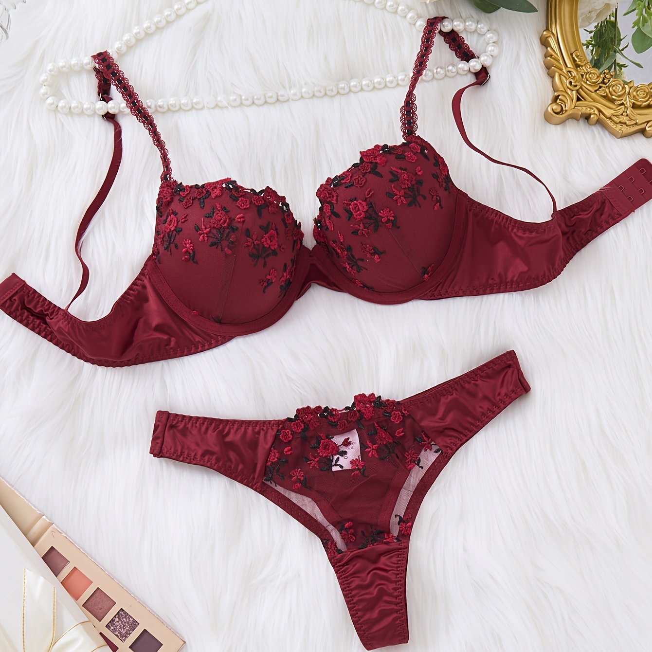 Women's Valentine's Day Lingerie Set with Floral Embroidery Push-Up Bra and Triangle Panties