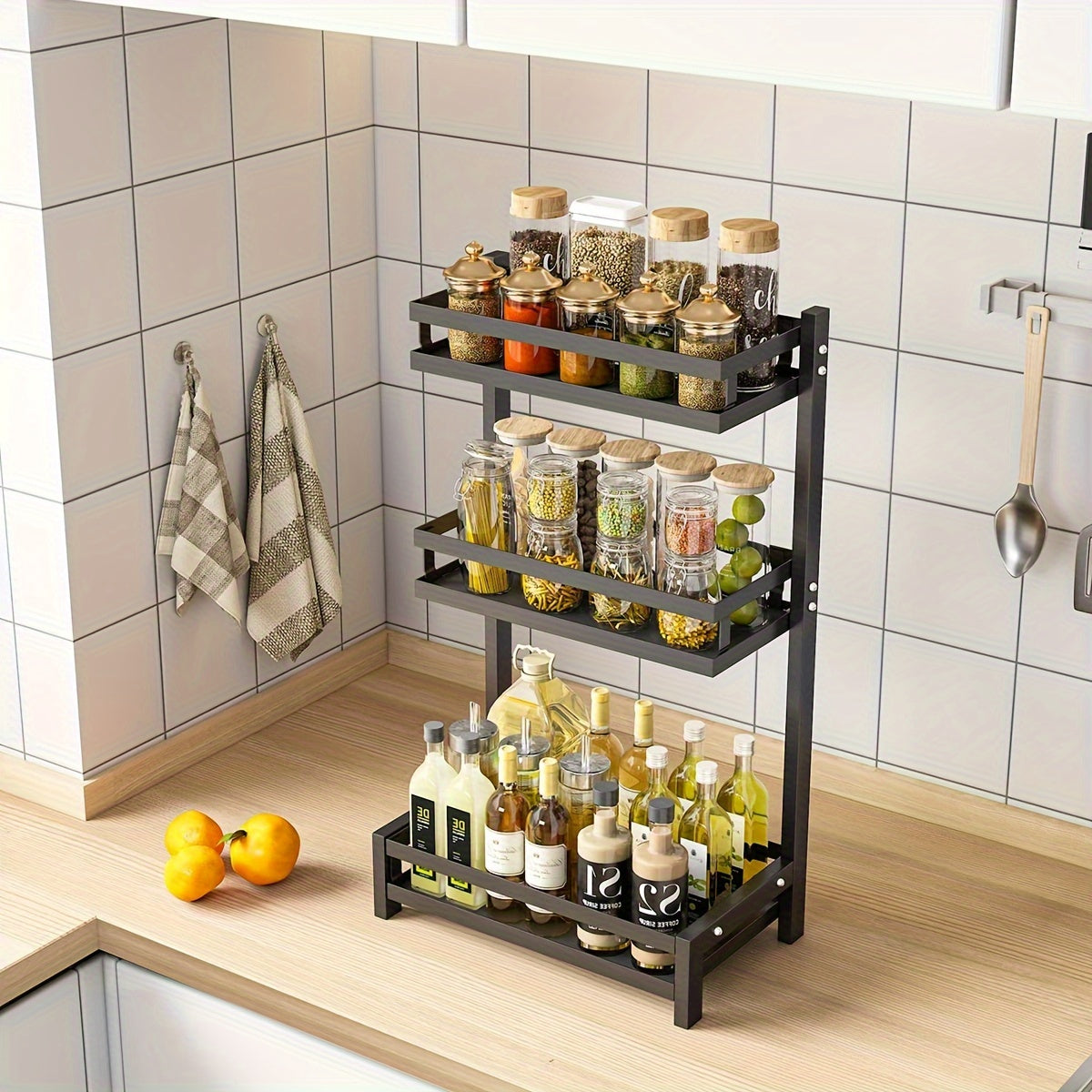 Black Stainless Steel Countertop Spice Rack with 3 Tiers for Jars and Bottles