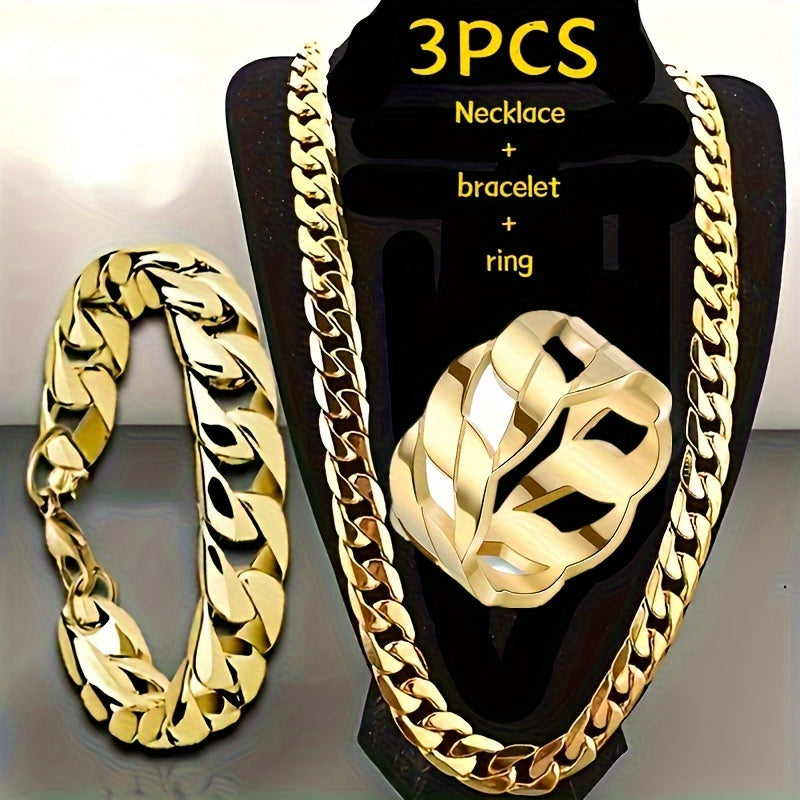 Men's Fashion Jewelry Set Stainless Steel Necklace Bracelet Ring Retro Hip-Hop Punk Style 3 Pieces