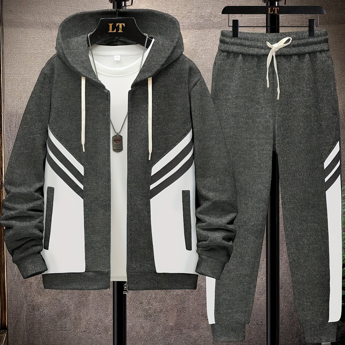 Men's Casual Color Block Polyester Hooded Suit Set with Long Sleeves