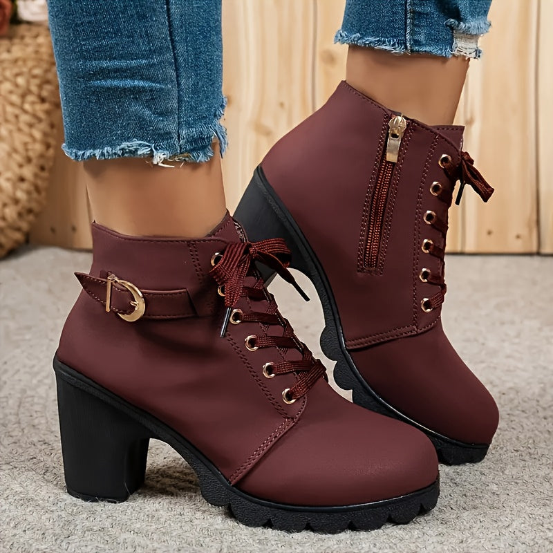 Women's Leather High Heel Ankle Boots with Side Zipper and Buckle
