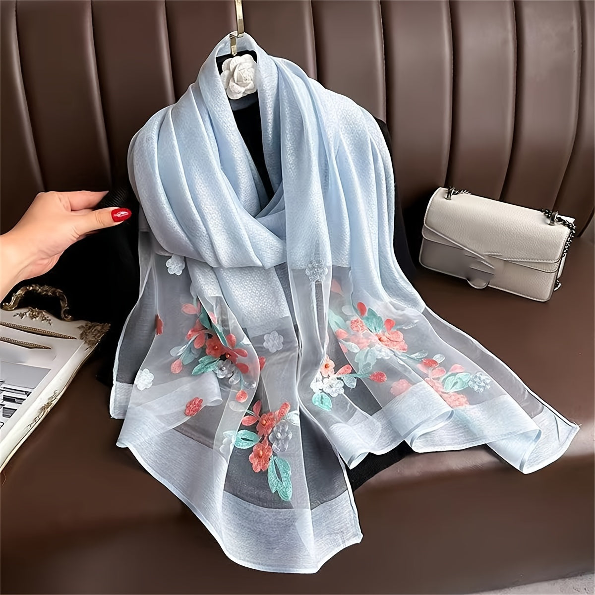Women's Travel Scarf Flower Embroidered Sun Protection Lightweight Breathable