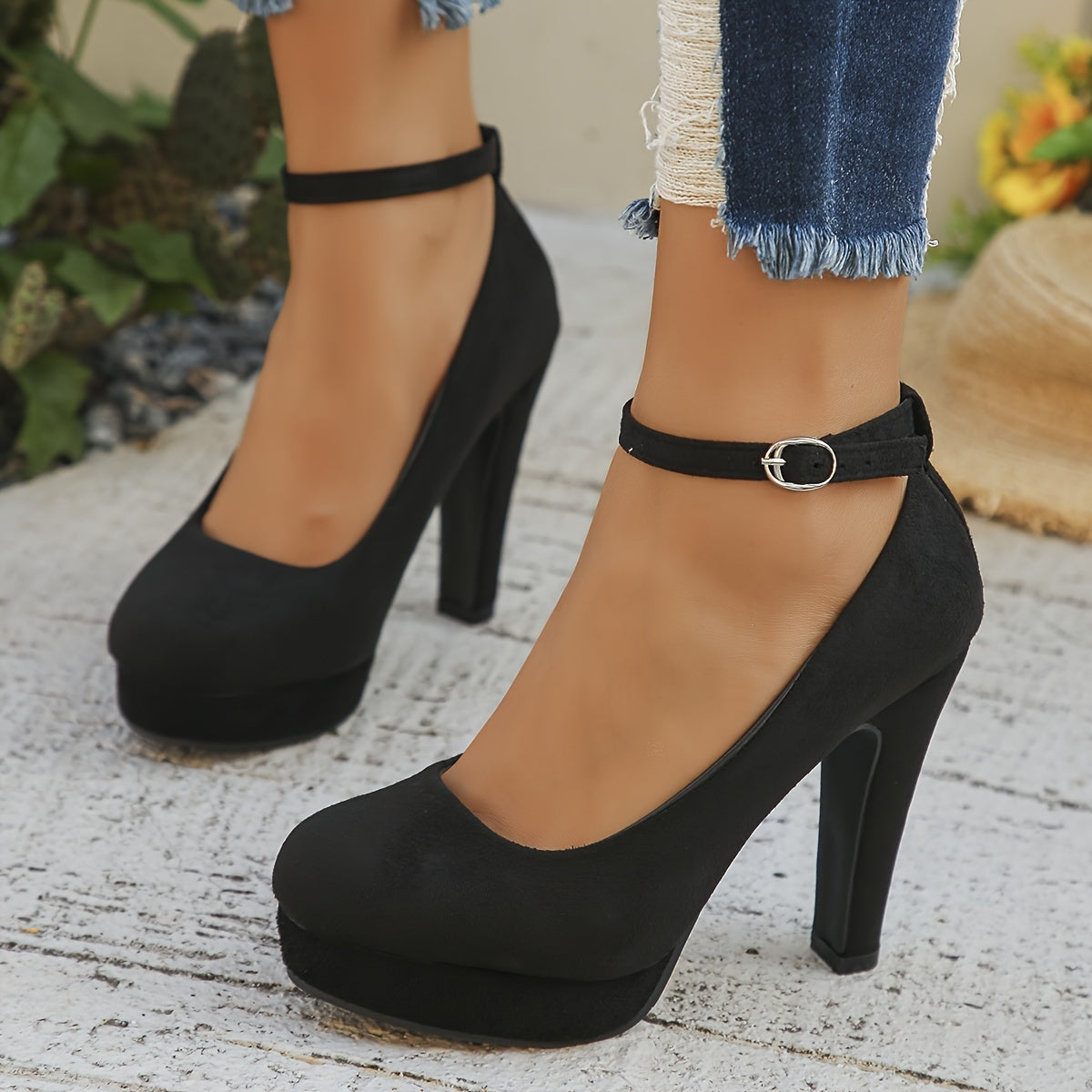 Women's Black Velvet High Heel Pumps with Ankle Strap for Work and Events