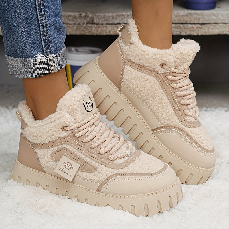 Women's Snow Boots Fleece-Lined Mid-Heel Lace-Up Winter Casual