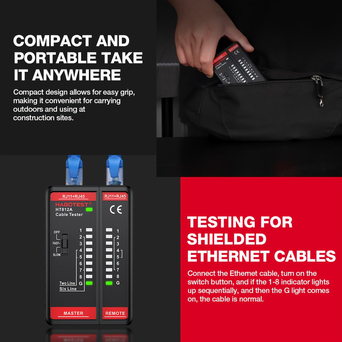Network Cable Tester for RJ45 RJ11 RJ12 CAT5 CAT5E CAT6 CAT6A Continuity Testing
