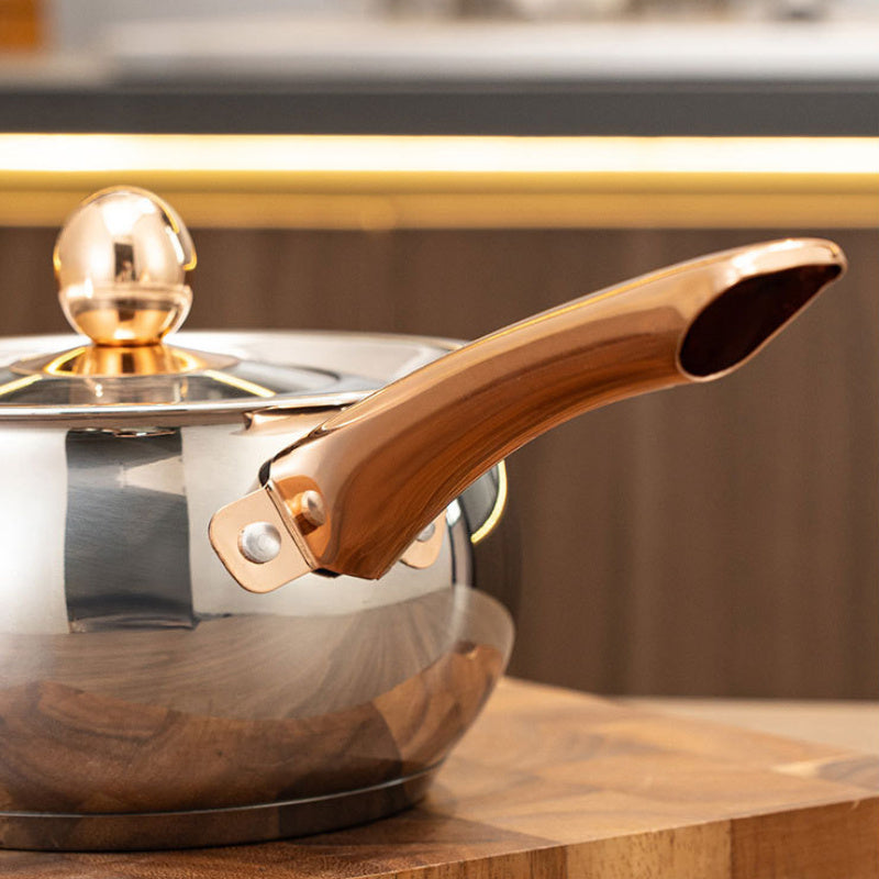 12 dona va oltin tutqichli zanglamas po'latdan yasalgan idish-to'plam, 6 ta shisha qopqoq bilan idishlar, yuqori sifatli va zamonaviy oshxona zaruriyatlari