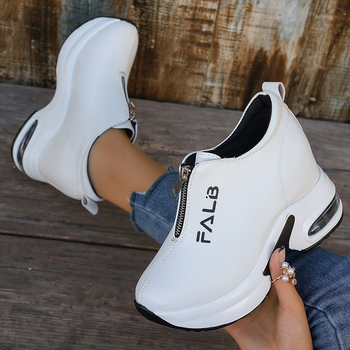 Women's Fashion Sneakers with Air Cushion Zipper Closure Solid Low Top Rubber Sole