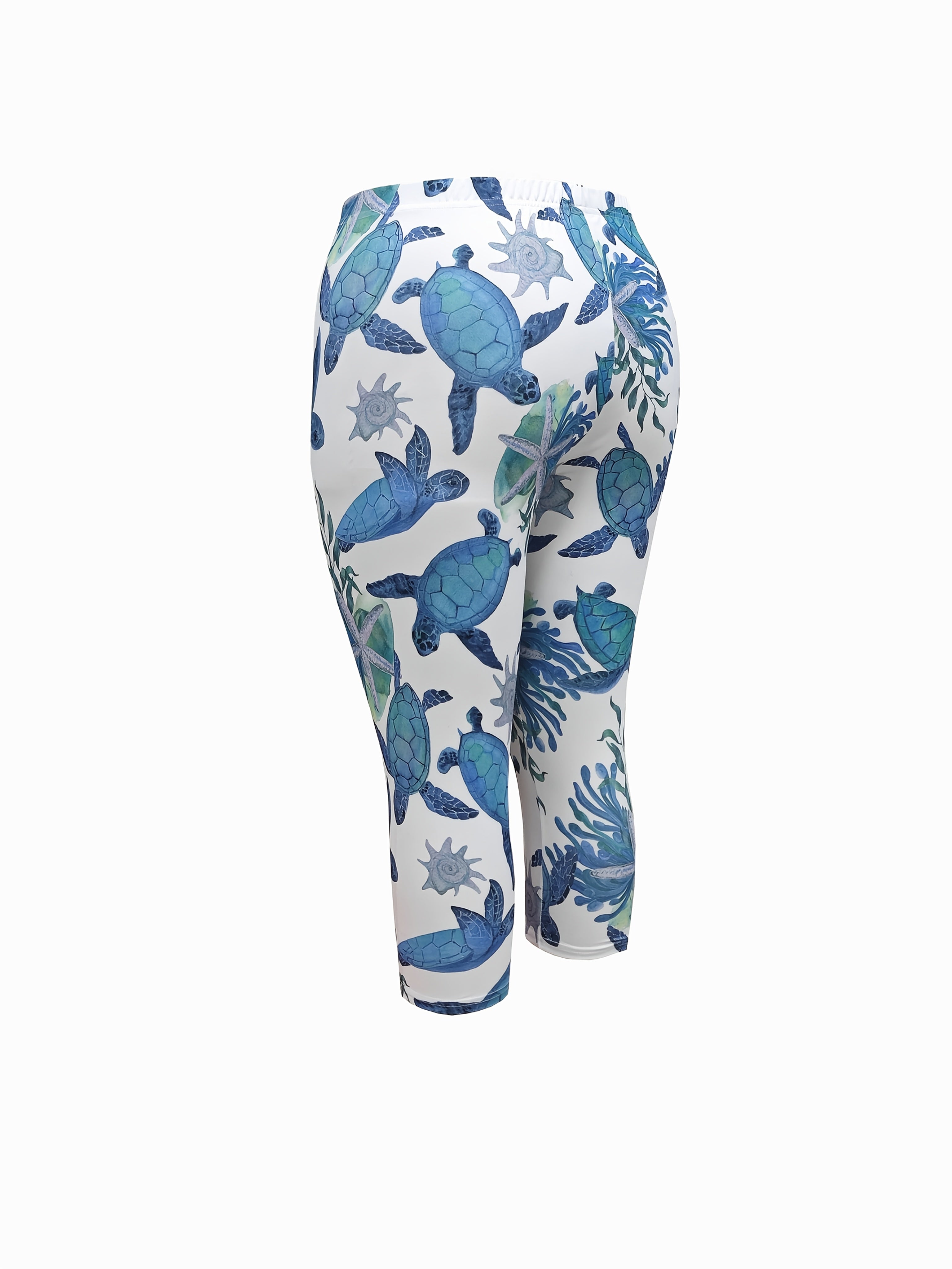 Plus Size Women's High-Waisted Yoga Pants Sea Turtle Print Stretchy Non-See-Through