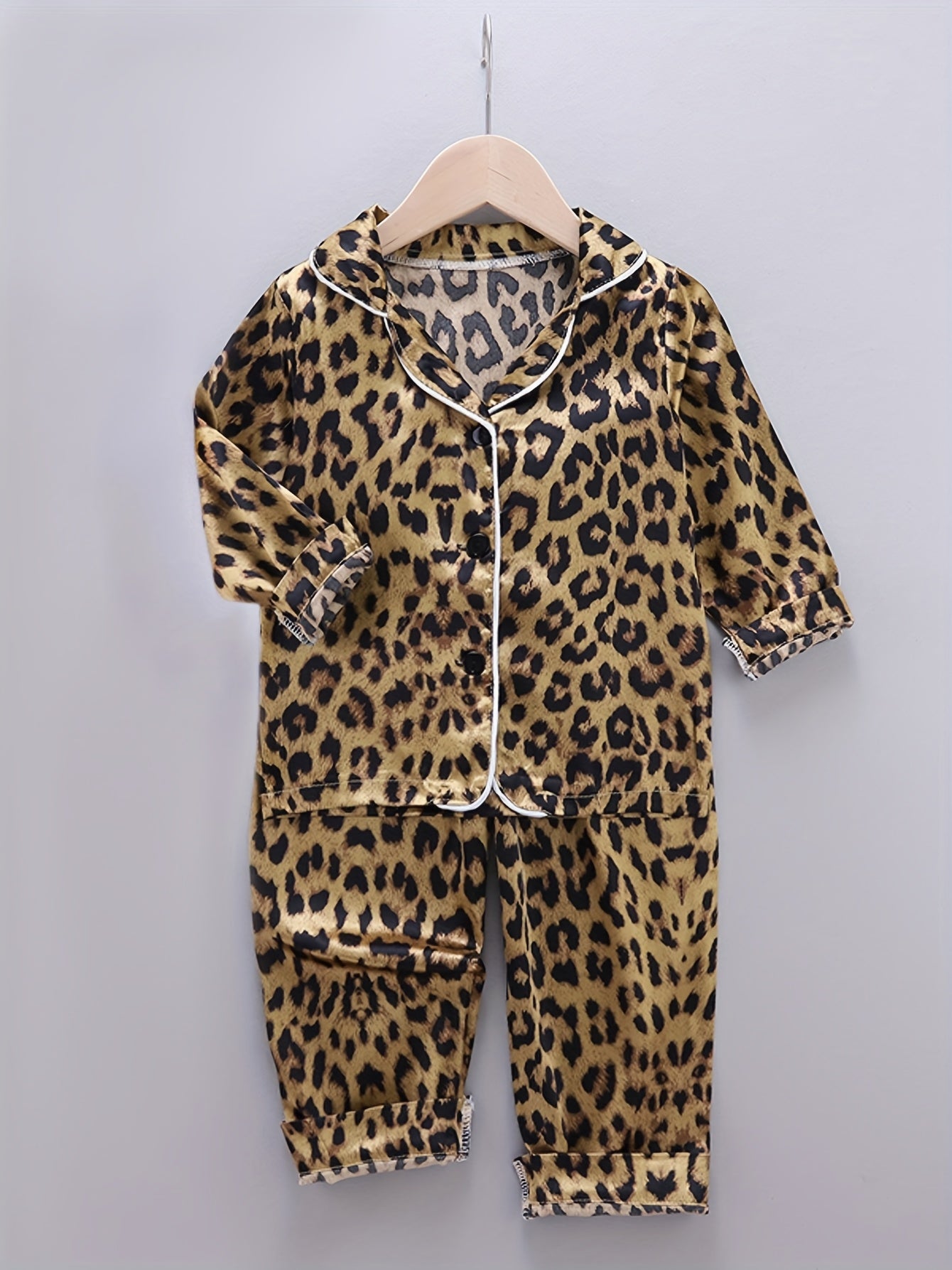Children's Leopard Print Satin Pajama Set with Long Sleeves and Elastic Waistband