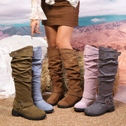 Women's Slip-On Mid-Heel Cover Boots with Double Buckle in Brown Blue Pink