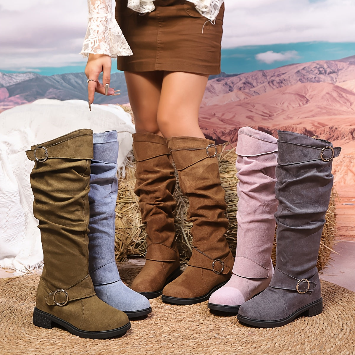 Women's Slip-On Mid-Heel Cover Boots with Double Buckle in Brown Blue Pink