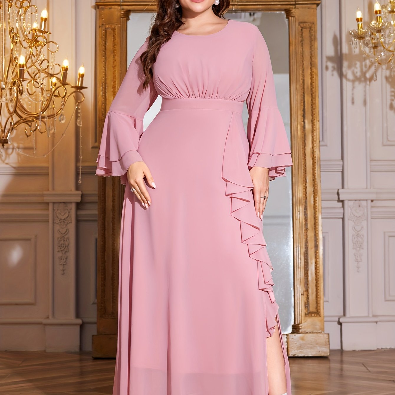 Plus Size Bridesmaid Dress Ruched Waist Ruffle Crew Neck Solid All-Season