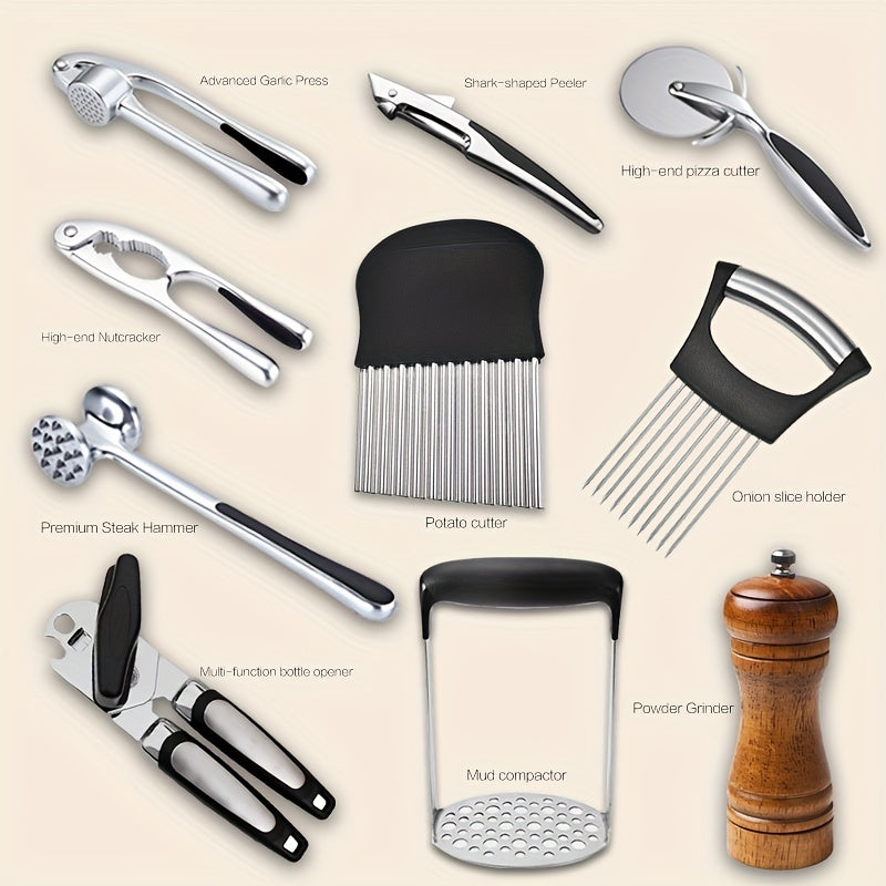 Kitchen Gadgets Set with Garlic Press Can Opener Walnut Clip Pizza Cutter Steak Mallet