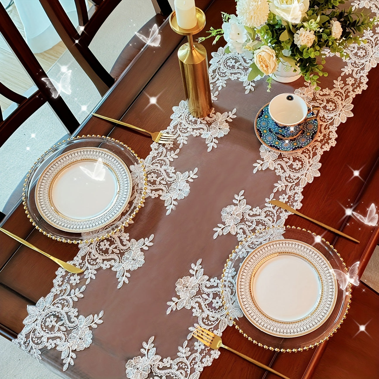 White Lace Table Runner with Floral Embroidery, Elegant, Multiple Sizes