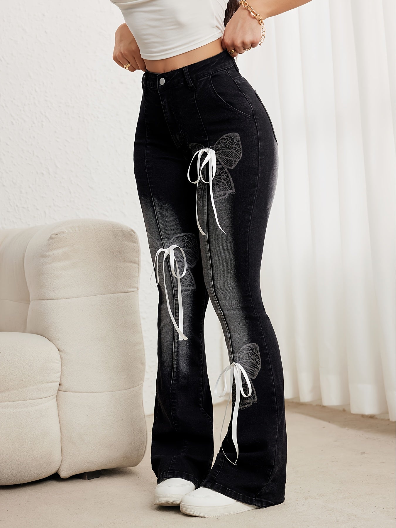Plus Size Denim Flare Pants With Bow Print Casual Summer Women