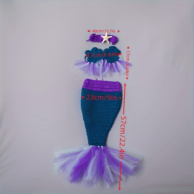 Crochet Mermaid Tail Baby Photography Prop Set for Infants and Toddlers with Adjustable Headband and Starfish Clip