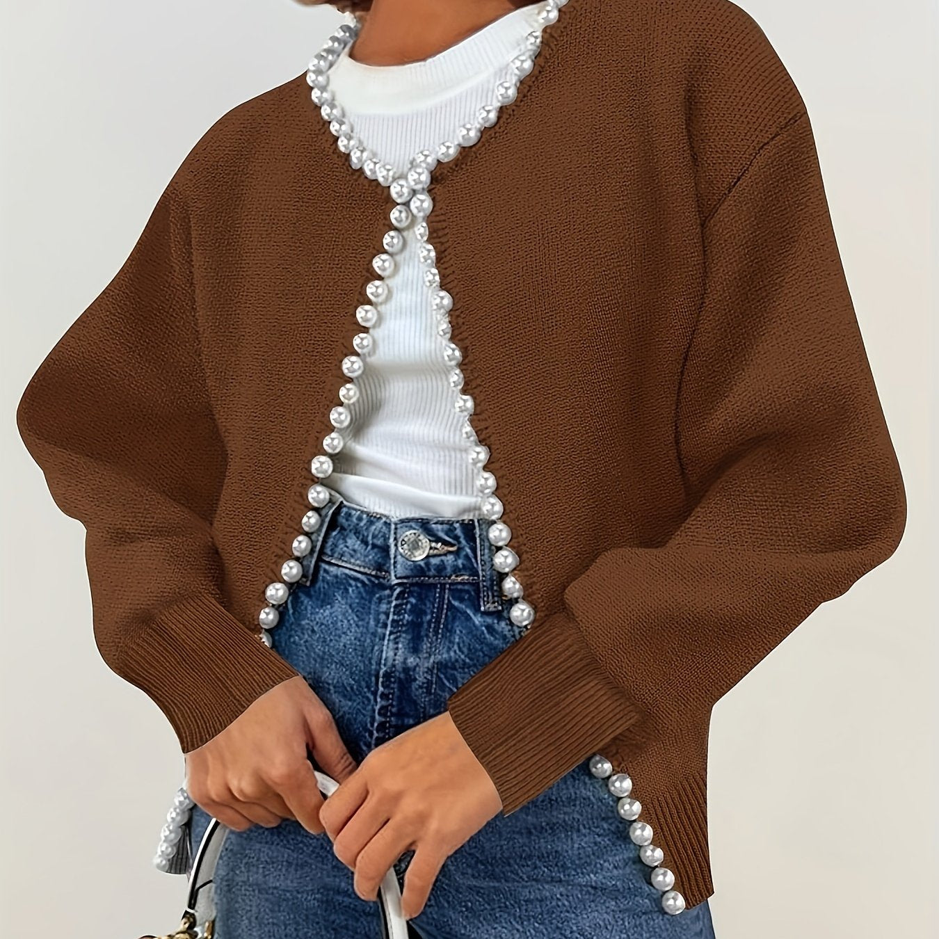 Cárdigan corto para mujer de talla grande con perlas, blanco, suéter de manga larga