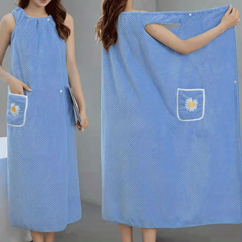 Light Blue Coral Fleece Bath Towel with Daisy Pocket Soft Absorbent Machine Washable