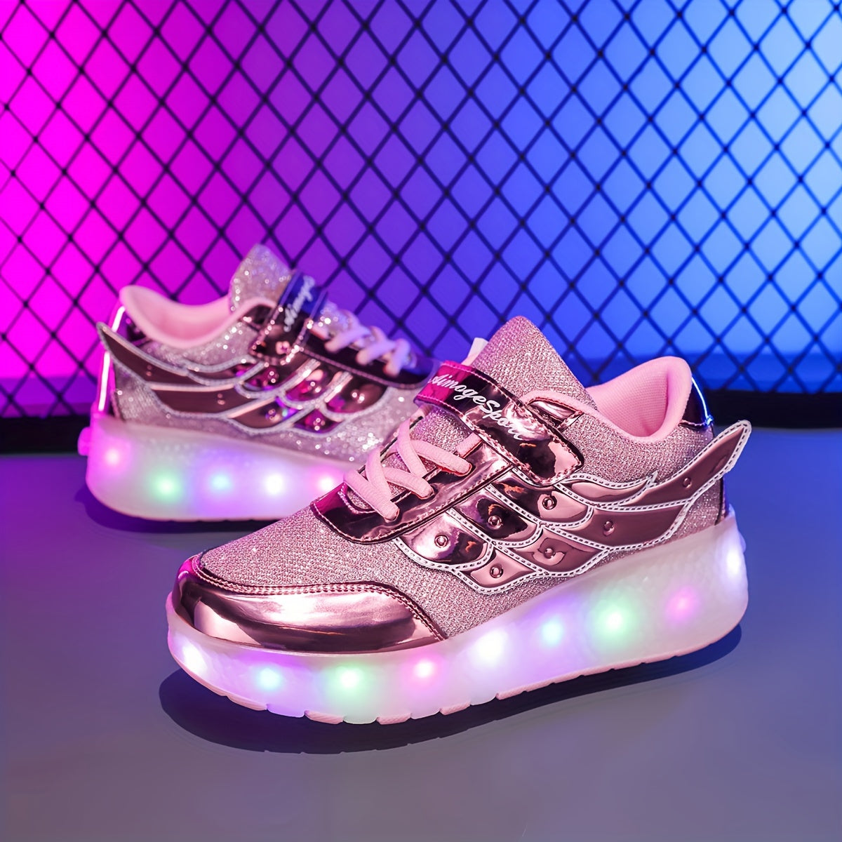 Pink Glitter LED Roller Skates for Girls and Boys with Mesh Upper and Sequins