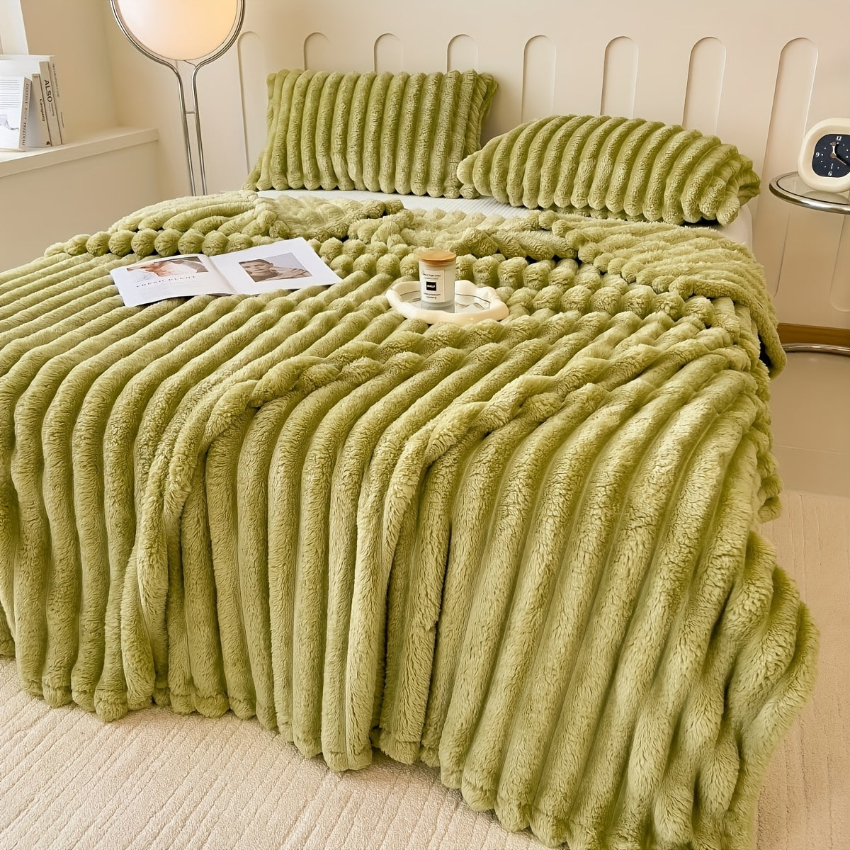 Striped Plush Throw Blanket for Couch Bed All-Season Warmth