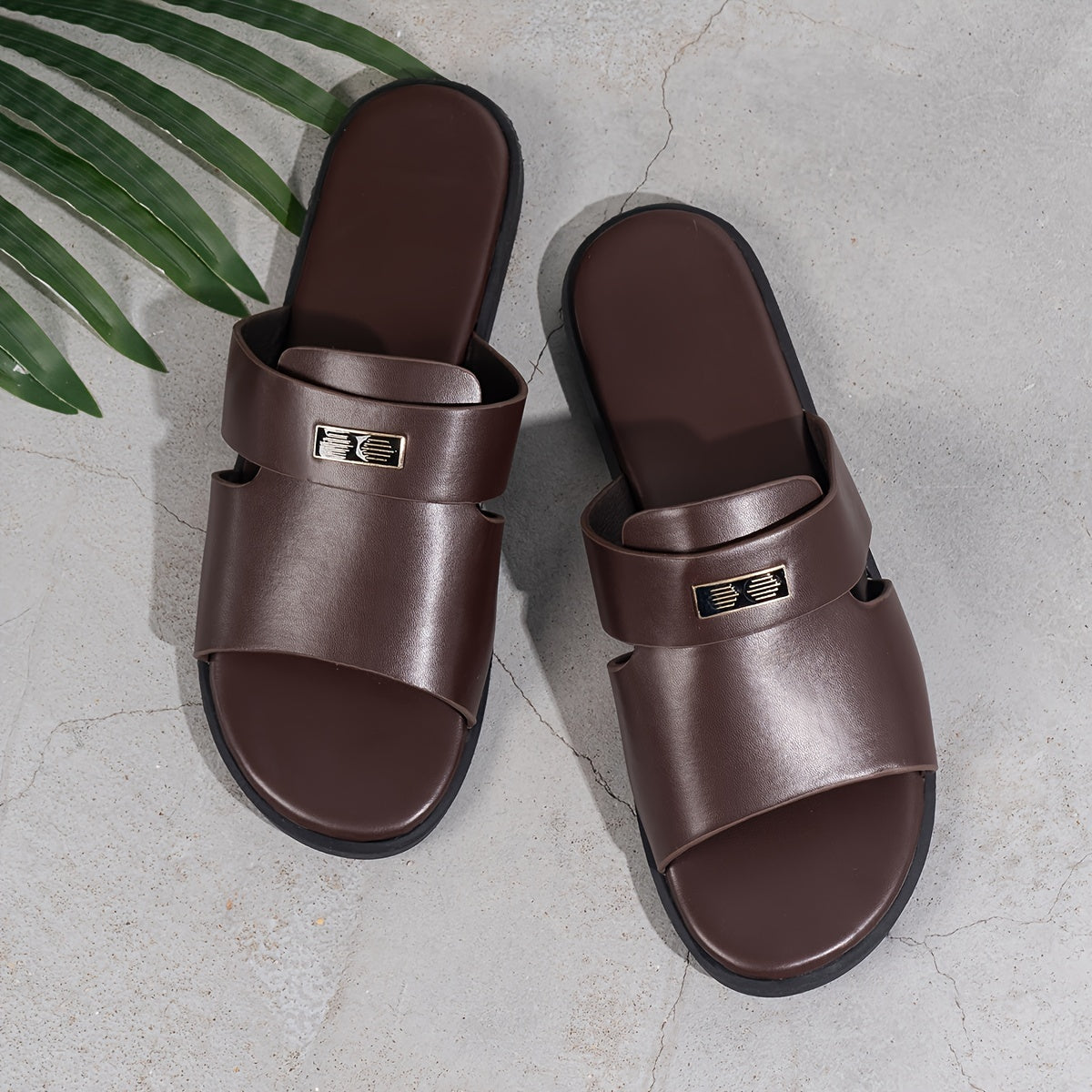 Men's All-Season Casual Faux Leather Slide Sandals with Buckle Closure and TPR Sole