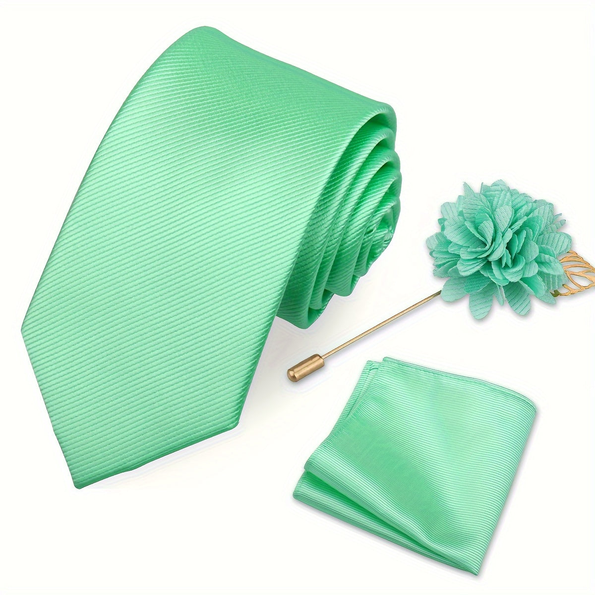 Men's Tie Set with Pocket Towel and Brooch, Classic Striped Plain Design