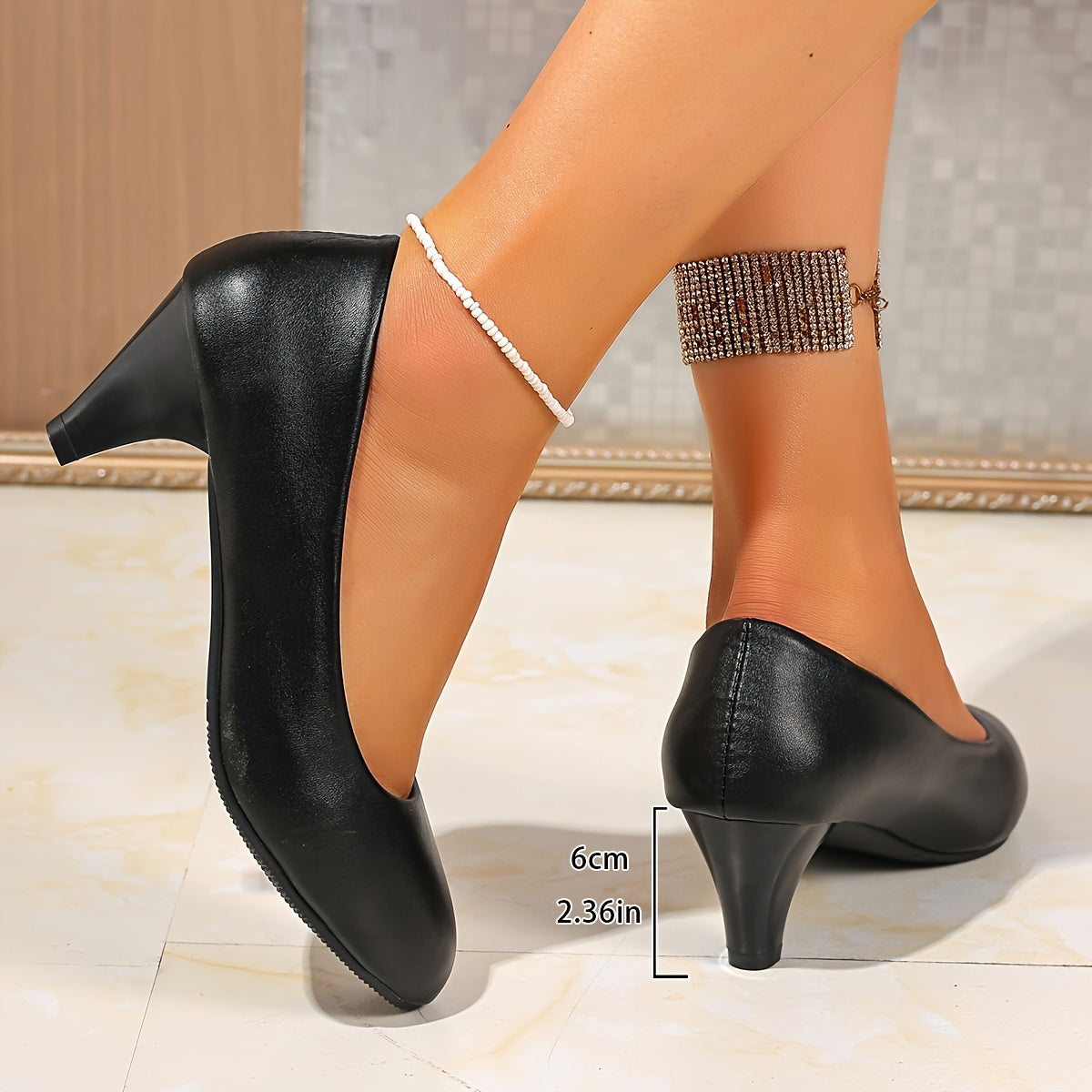 Women's Black High Heels Flare Fit Round Toe Thick Sole Pump