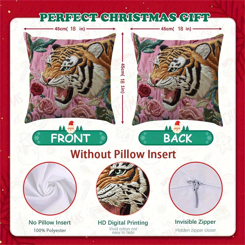 Подушка с вышивкой «Тигр и розы» с двусторонним полиэстеровым чехлом, идеальный праздничный декор для дома на День благодарения и Рождество, совместима с различными стилями - Артикул HJY647