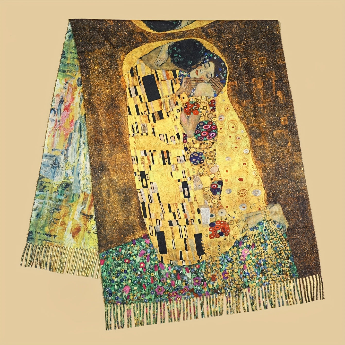 Klimt's Kiss Art Print Cashmere Scarf Long Tassel Winter Shawl Digital Print