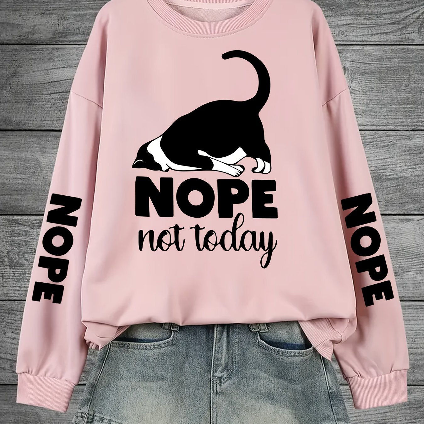 Plus Size Women's Cat Letter Print Sweatshirt Casual Long Sleeve Crew Neck