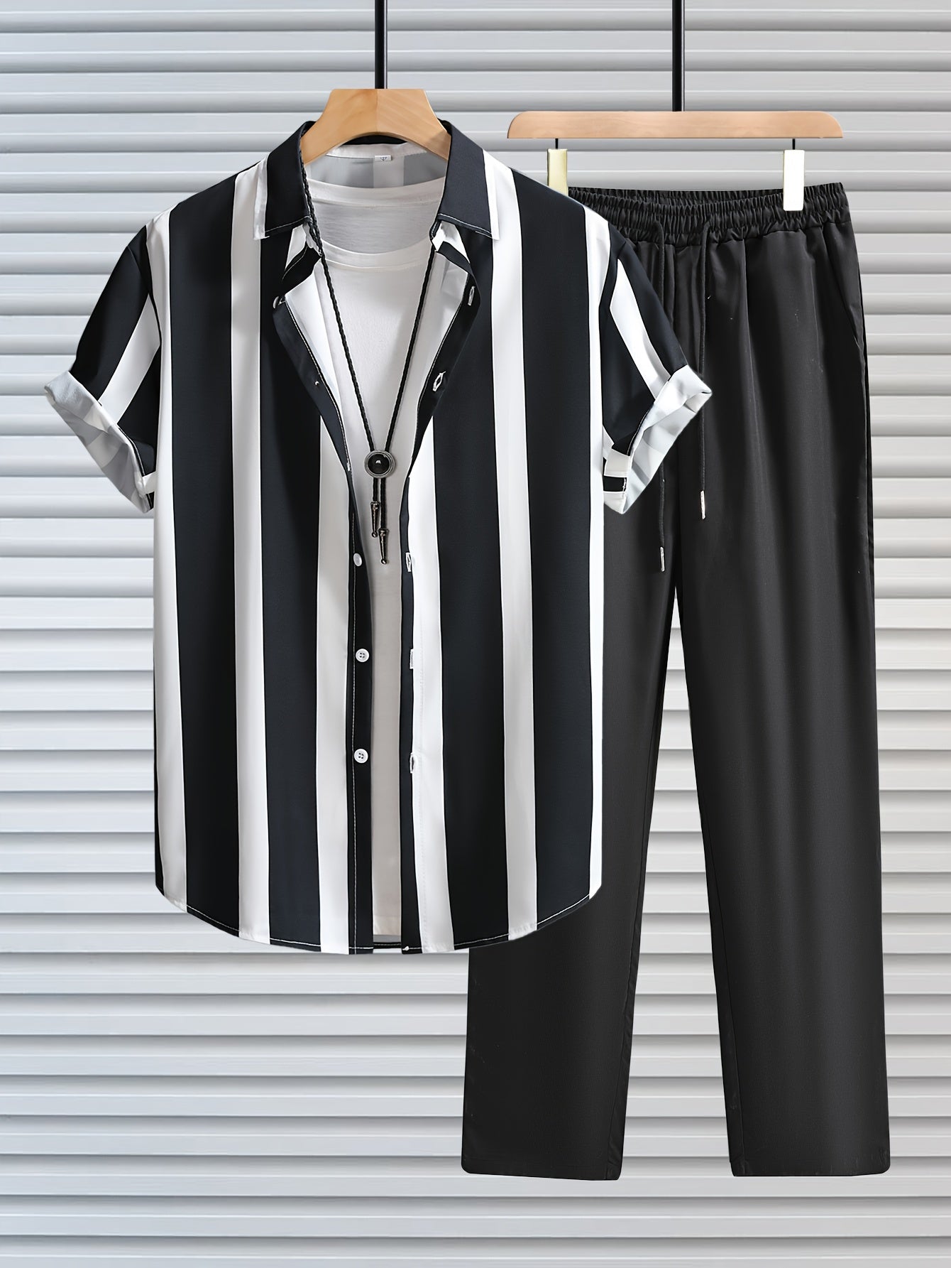 Men's Casual Outdoor Outfit Set Striped Lapel Shirt and Drawstring Pants