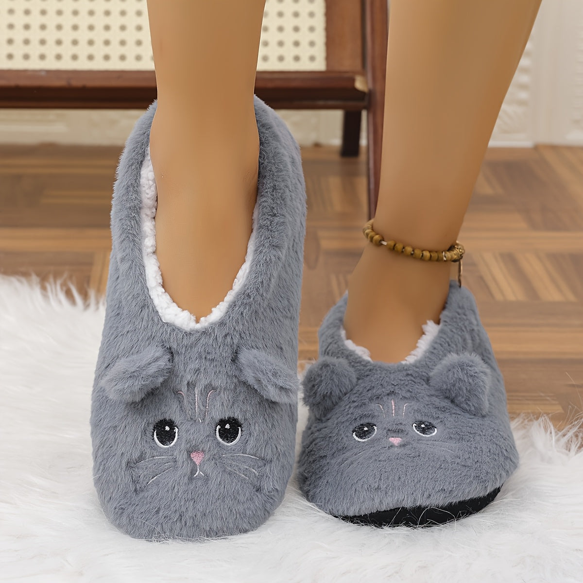 Women's Plush Cartoon Cat Slippers Non-Slip Indoor Casual Footwear