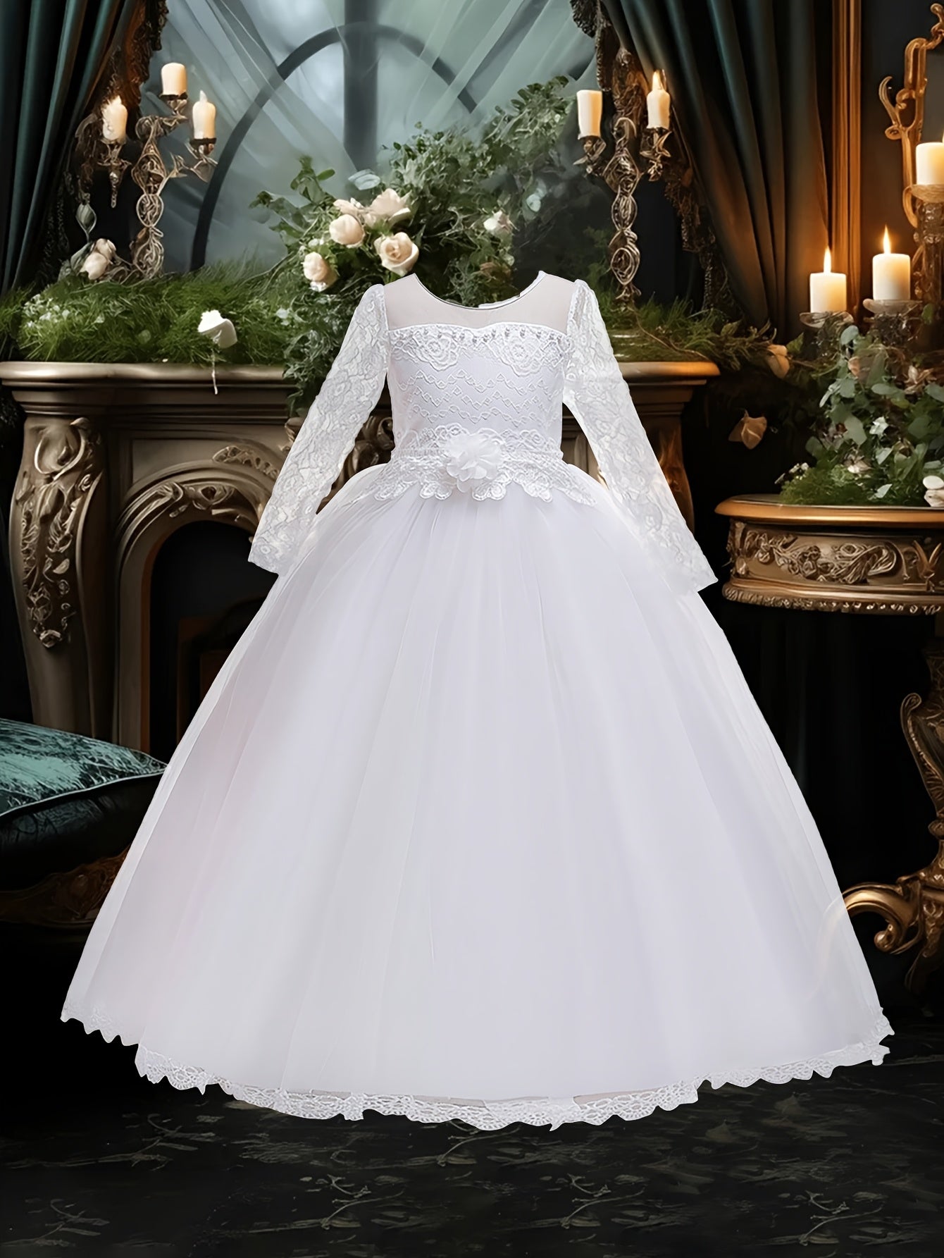 Girls' Long Sleeve Lace Dress with Pearl Embellishments and Bow Waist for Weddings and Parties