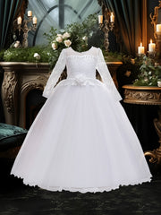 Girls' Long Sleeve Lace Dress with Pearl Embellishments and Bow Waist for Weddings and Parties