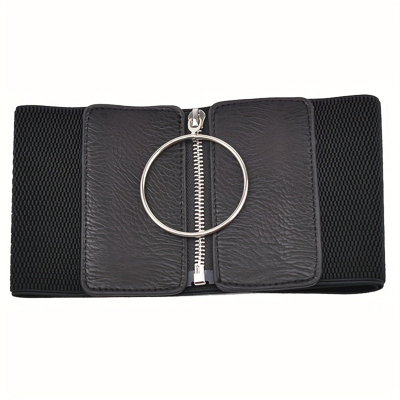 Women's Black Wide Girdle with Large Circle Zipper Elastic Waist Dress Coat