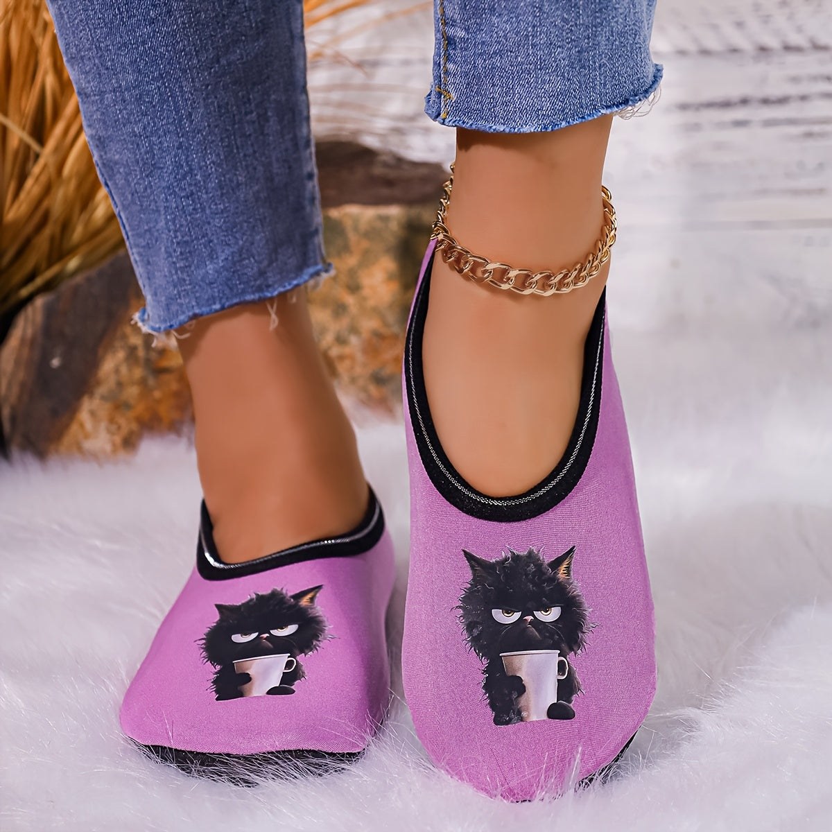Women's Indoor Slippers Soft Fabric Cat Print Cozy House Footwear