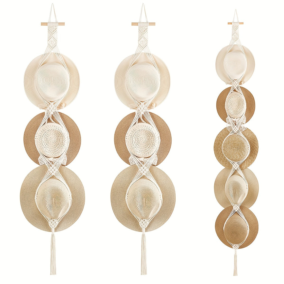 Organizador de pared de cuerda de algodón trenzado para sombreros y decoración de habitación con borlas