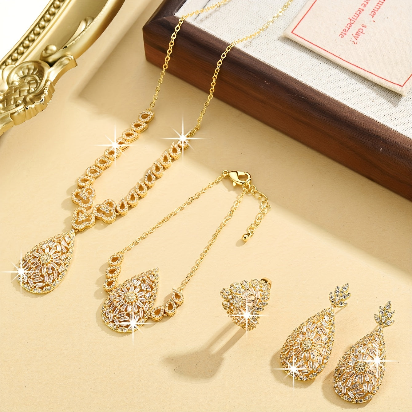 Gold-Plated Teardrop Jewelry Set for Women Necklace Earrings Bracelet Ring 5 Pieces