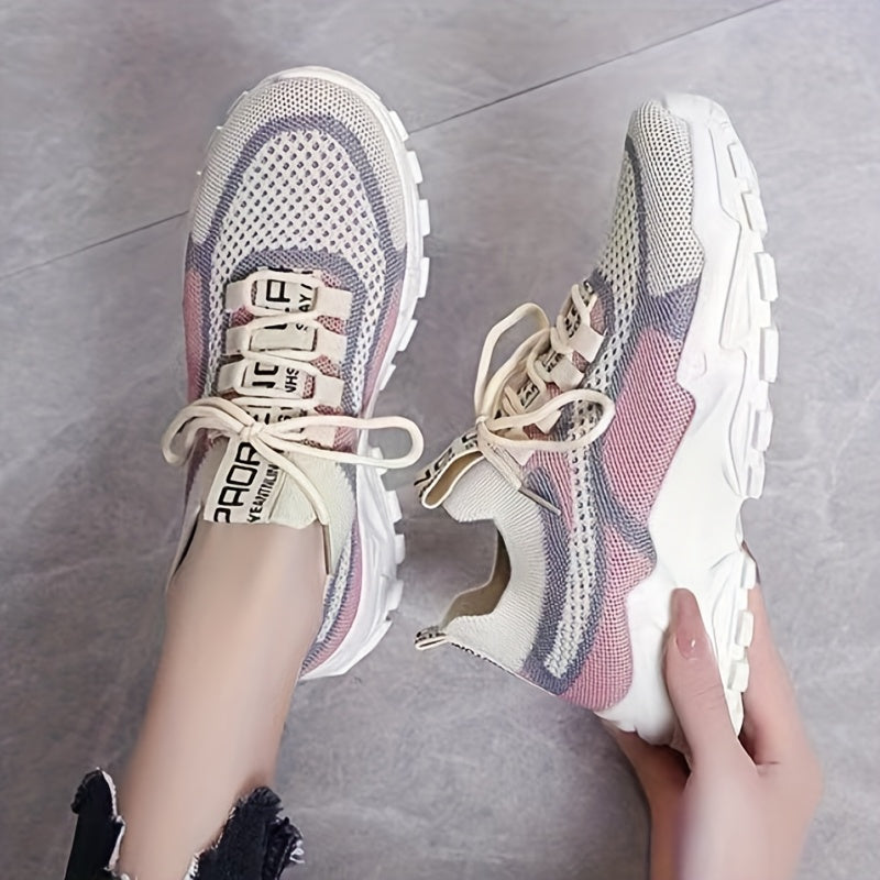 Women's Knit Sneakers Color-Block Low-Top Running Shoes Lightweght Fabric