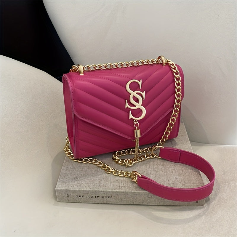 PU Chain Decorated V-Shaped Tassel Square Shoulder Bag