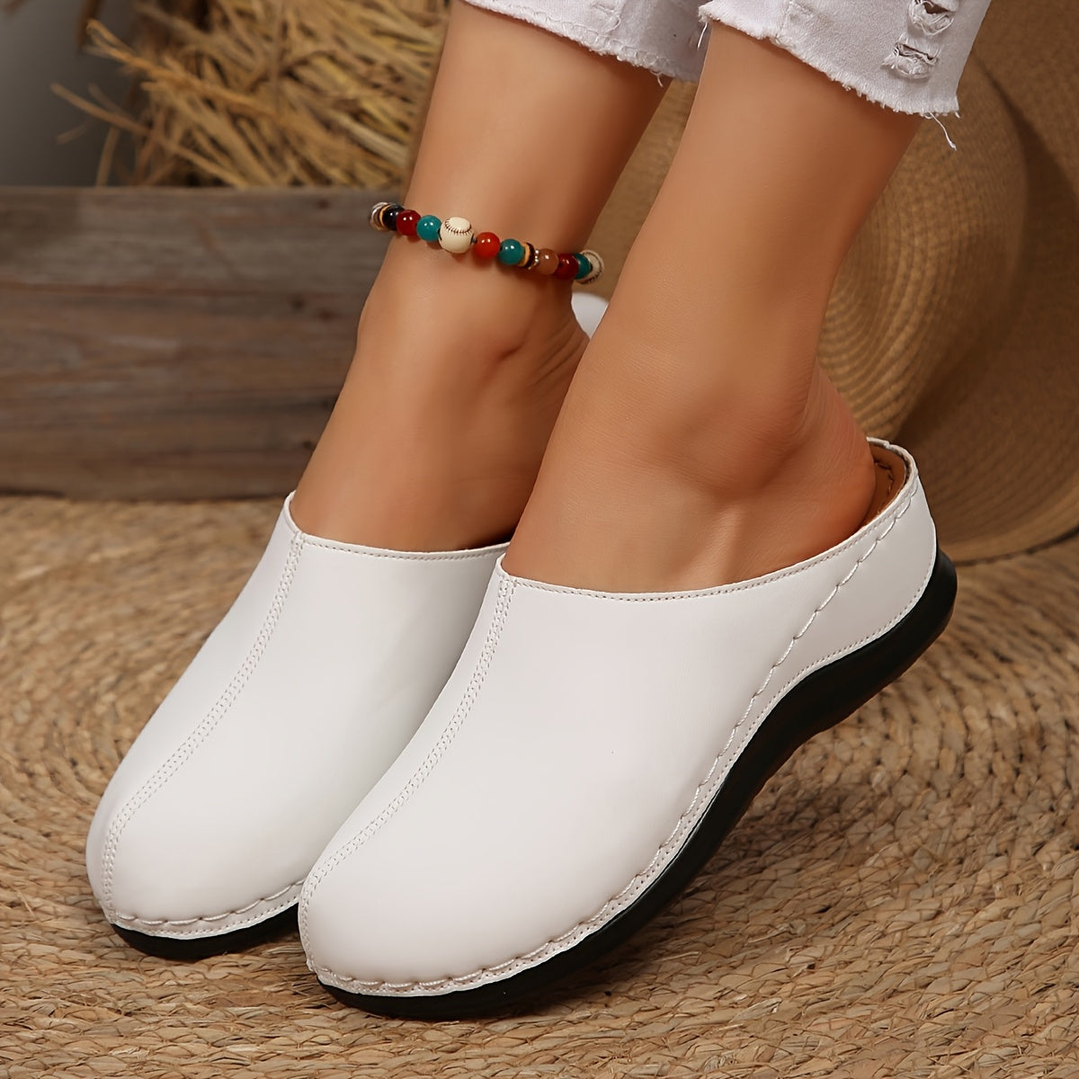 Women's Summer Slip-On Mules White Synthetic Rubber Sole Breathable Comfort
