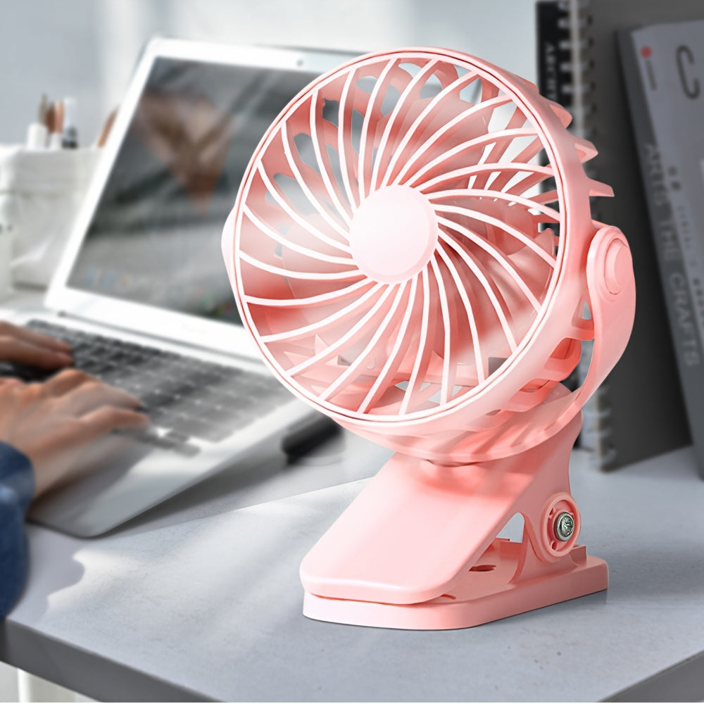 3 tezlik sozlamali, qayta to'ldiriladigan batareyali, kompakt va yengil dizaynga ega portativ USB stol fan, uy ofisi yoki sayohat uchun ideal, pushti rangda.