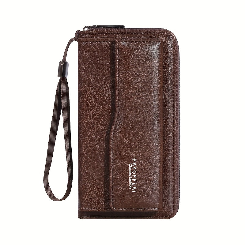 Men's Faux Leather Wallet with Wrist Strap and Zipper Multiple Card Slots Black
