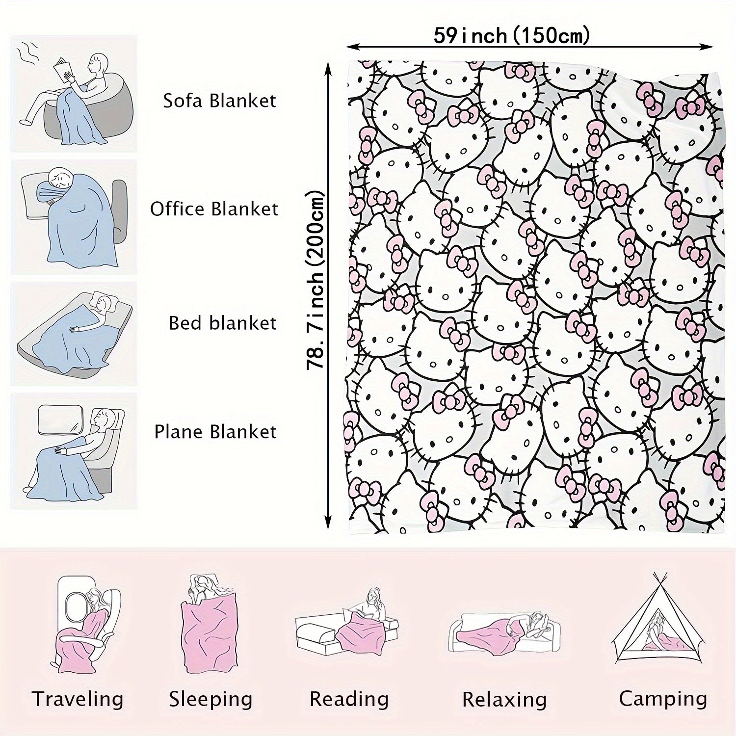 Hello Kitty Flannel Fleece Throw Blanket for Adults Soft Cozy All-Season