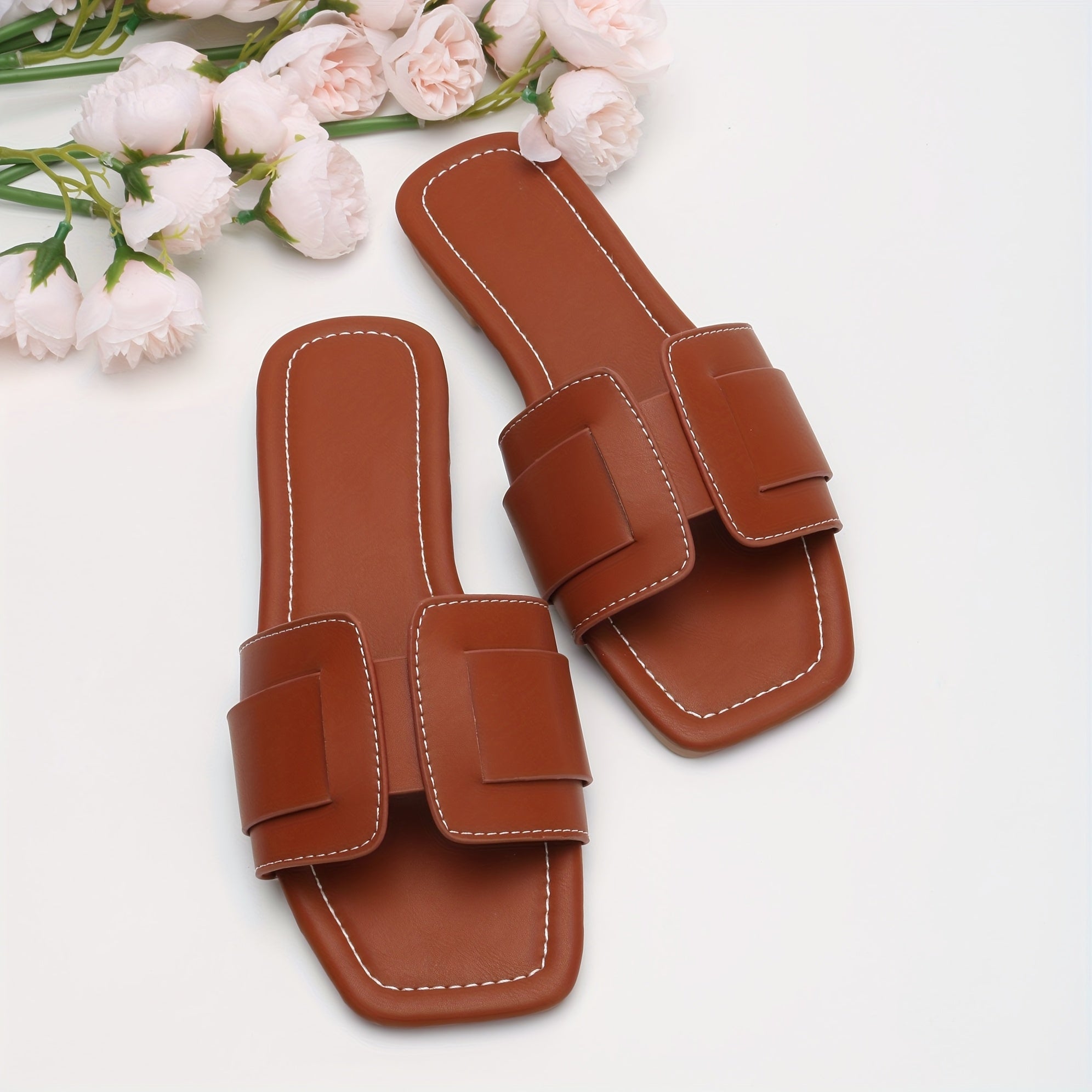 Women's Beige Flat Open Toe Sandals Slip-On Buckle Strappy Casual